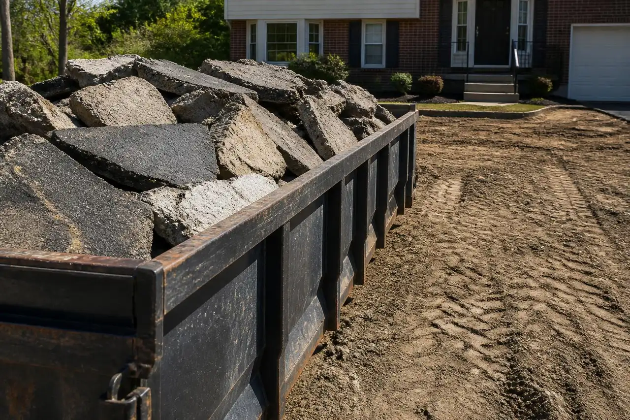 Broken concrete slabs and masonry rubble filling a heavy-duty disposal container