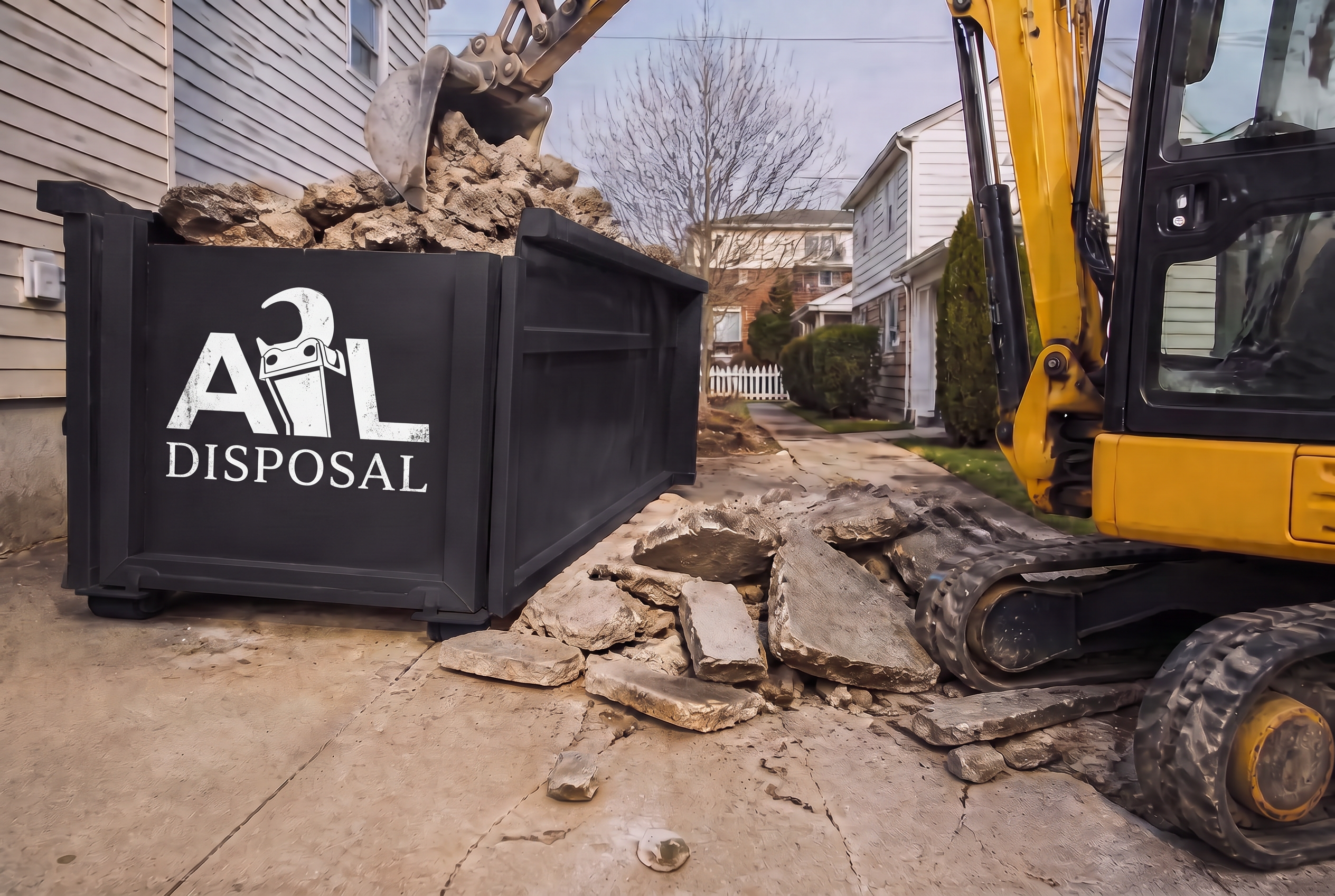 Mini excavator loading broken concrete driveway slabs into a heavy-duty container