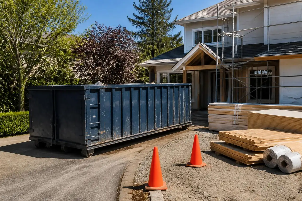 Job site container beside a home under renovation with contractor materials nearby