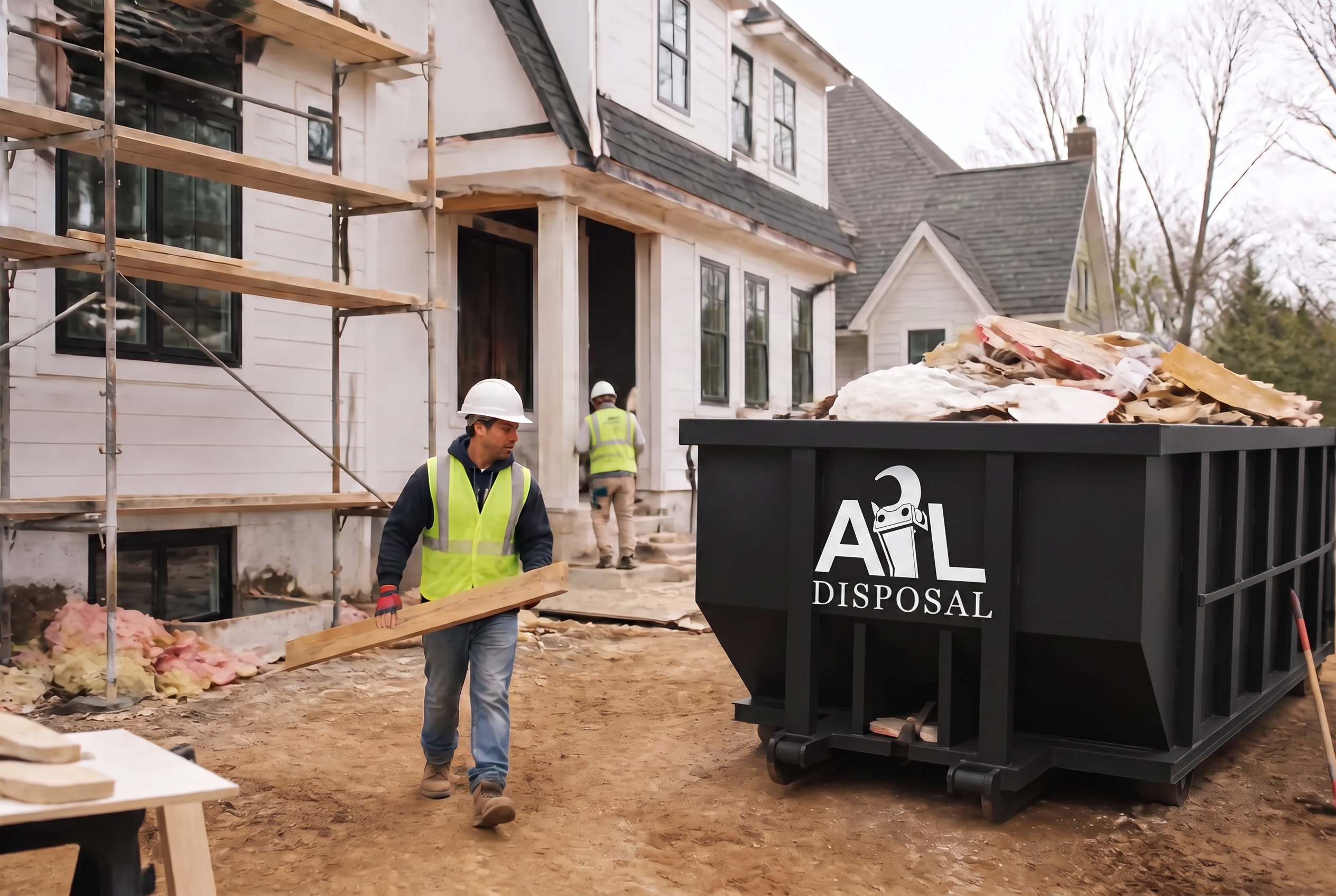 Contractor carrying lumber past a job-site dumpster filled with renovation debris