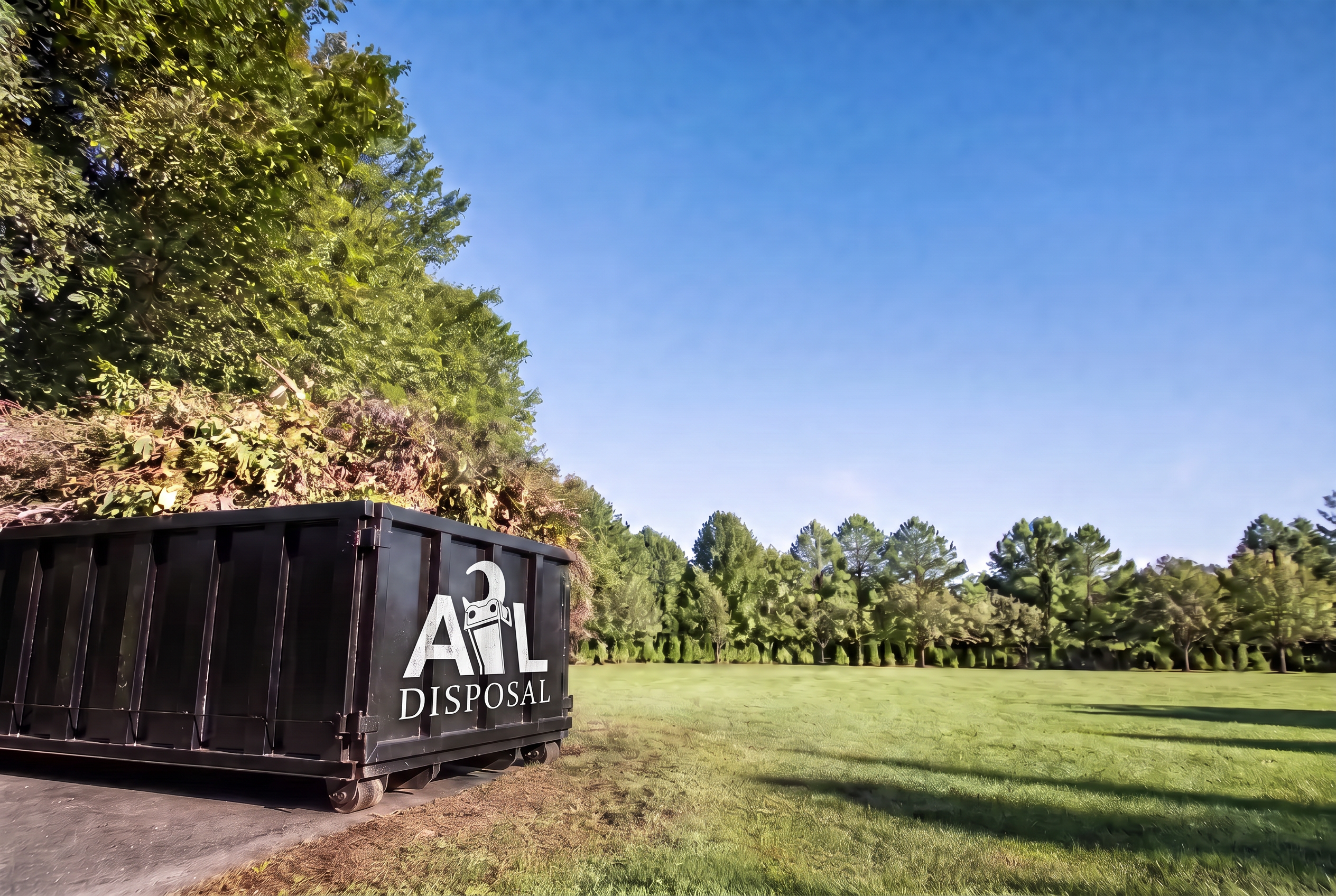Cut tree limbs and brush piled beside a dumpster after yard clearing work