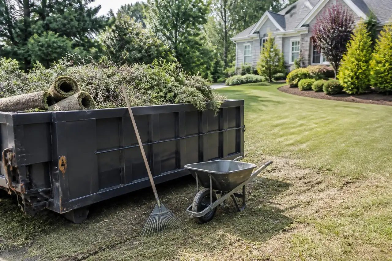 Branches, sod, and green waste loaded into a container during a landscaping project