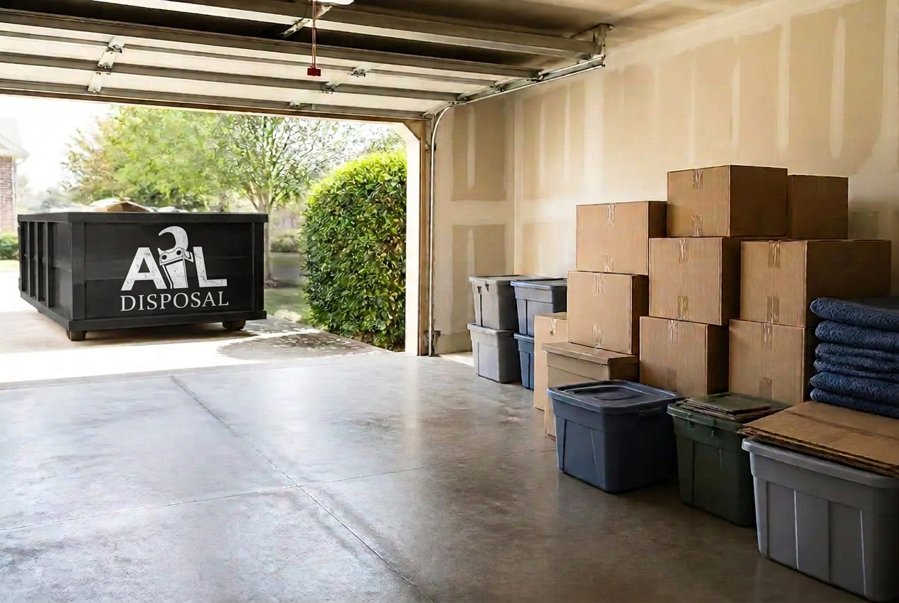 Emptied garage after a full property cleanout, floor swept and shelves cleared