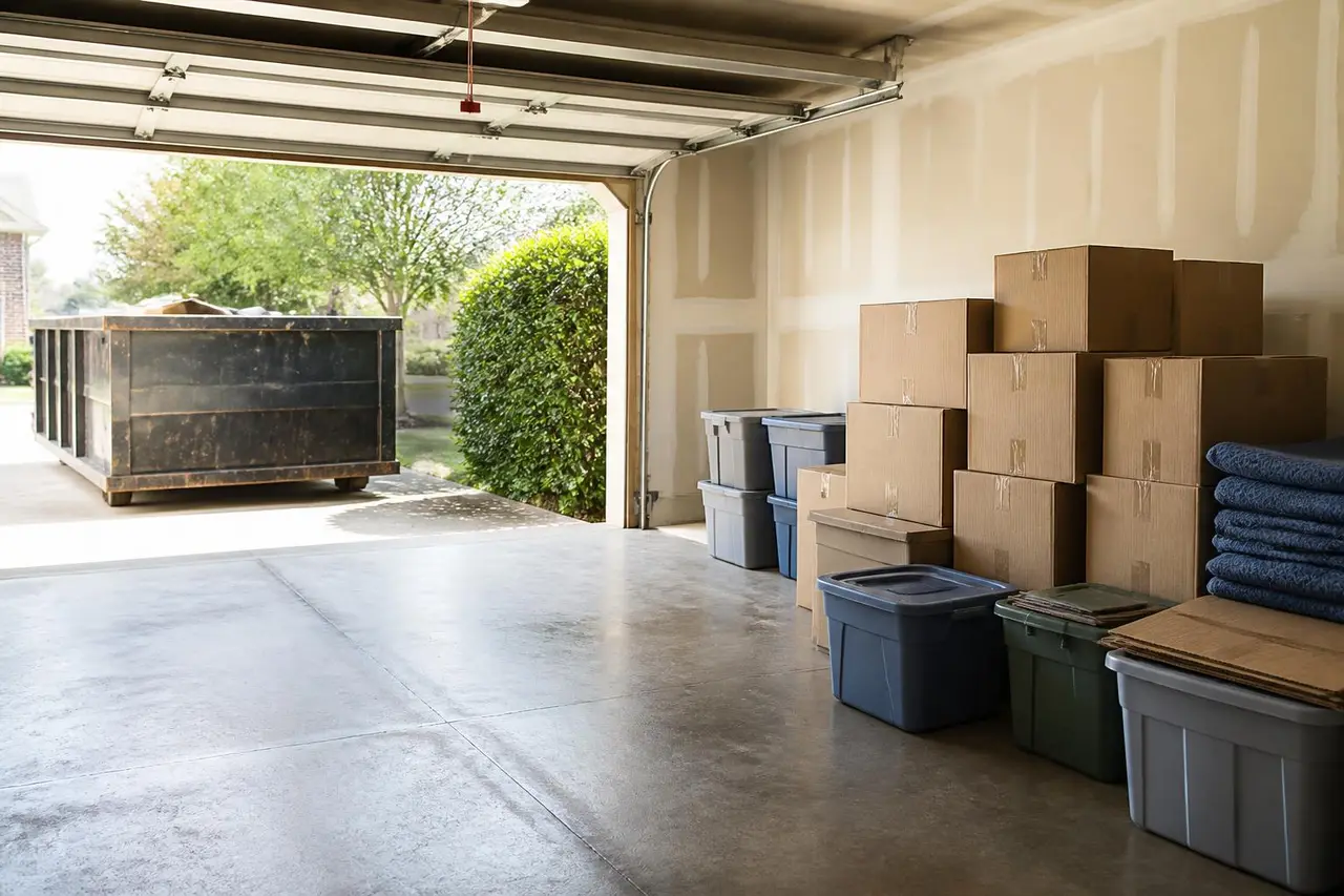 Emptied garage after a full property cleanout, floor swept and shelves cleared