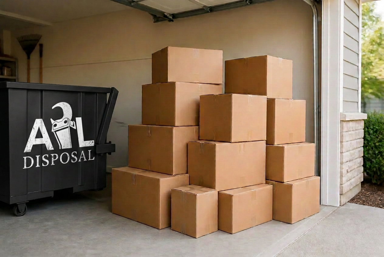 Stacked moving boxes and packed household goods during an estate cleanout