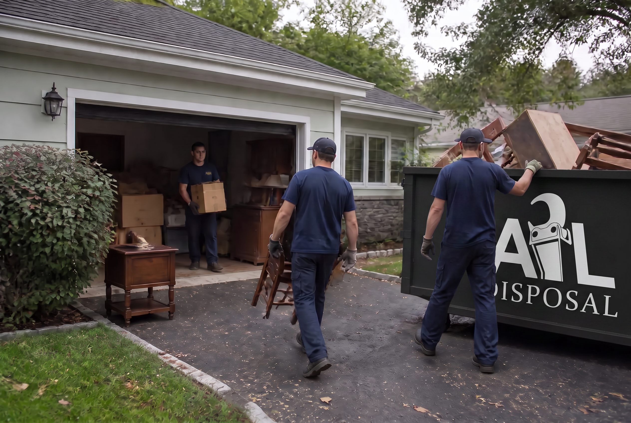Workers carrying boxes and furniture out of a garage into a driveway container during an estate cleanout