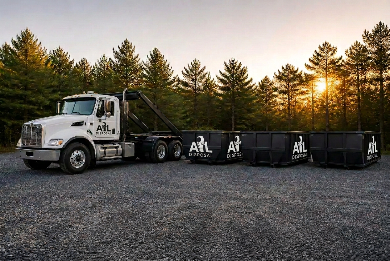 Row of clean roll-off containers lined up in the APL Disposal equipment yard