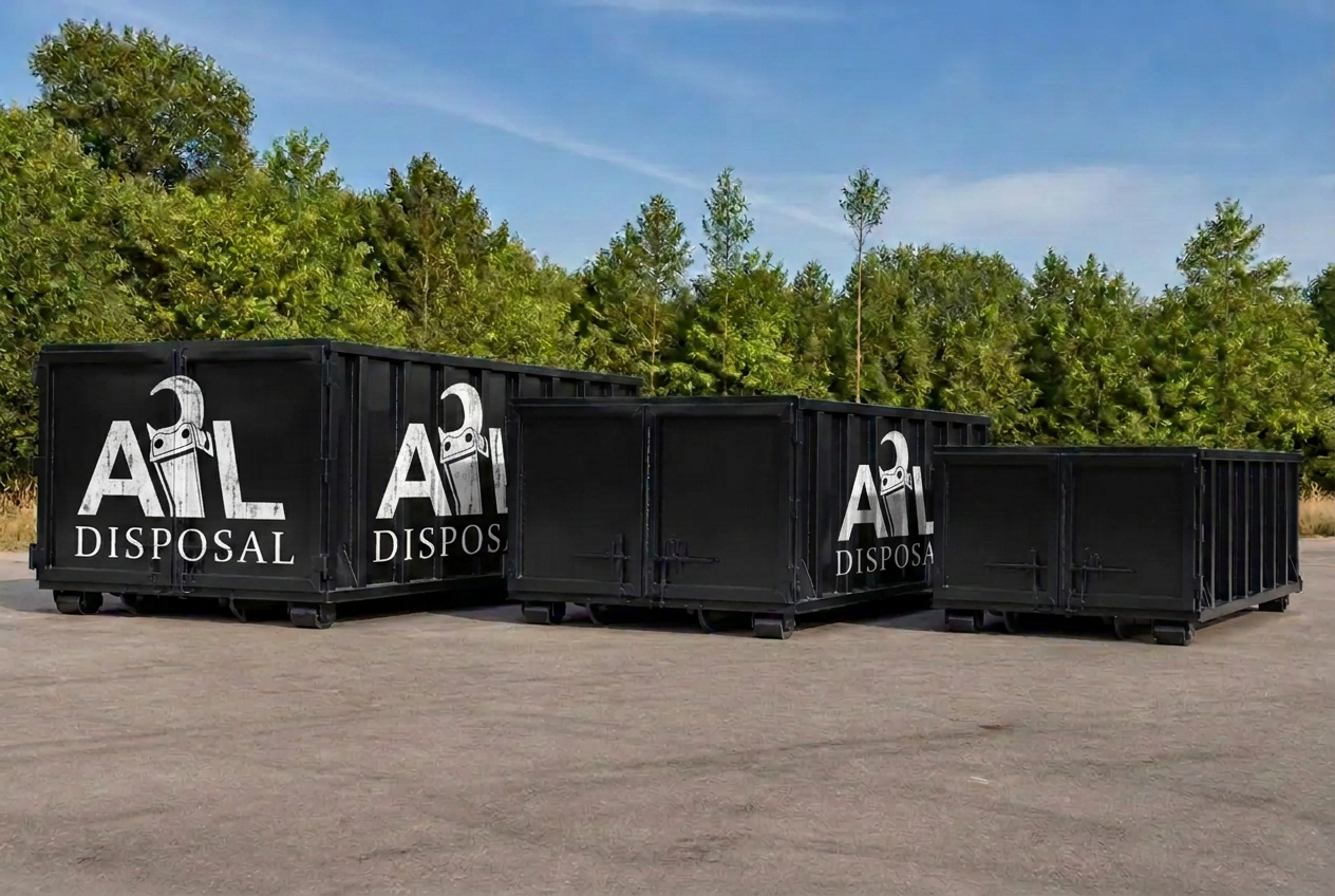 Roll-off dumpster positioned beside a garage with the door open for loading
