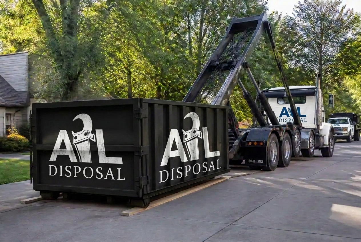 Roll-off truck lowering an empty container into place on a residential street